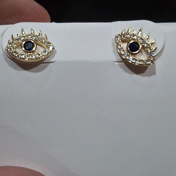 18K Gold Plated Diamond Evil Eye Earrings - Picture 8 of 9